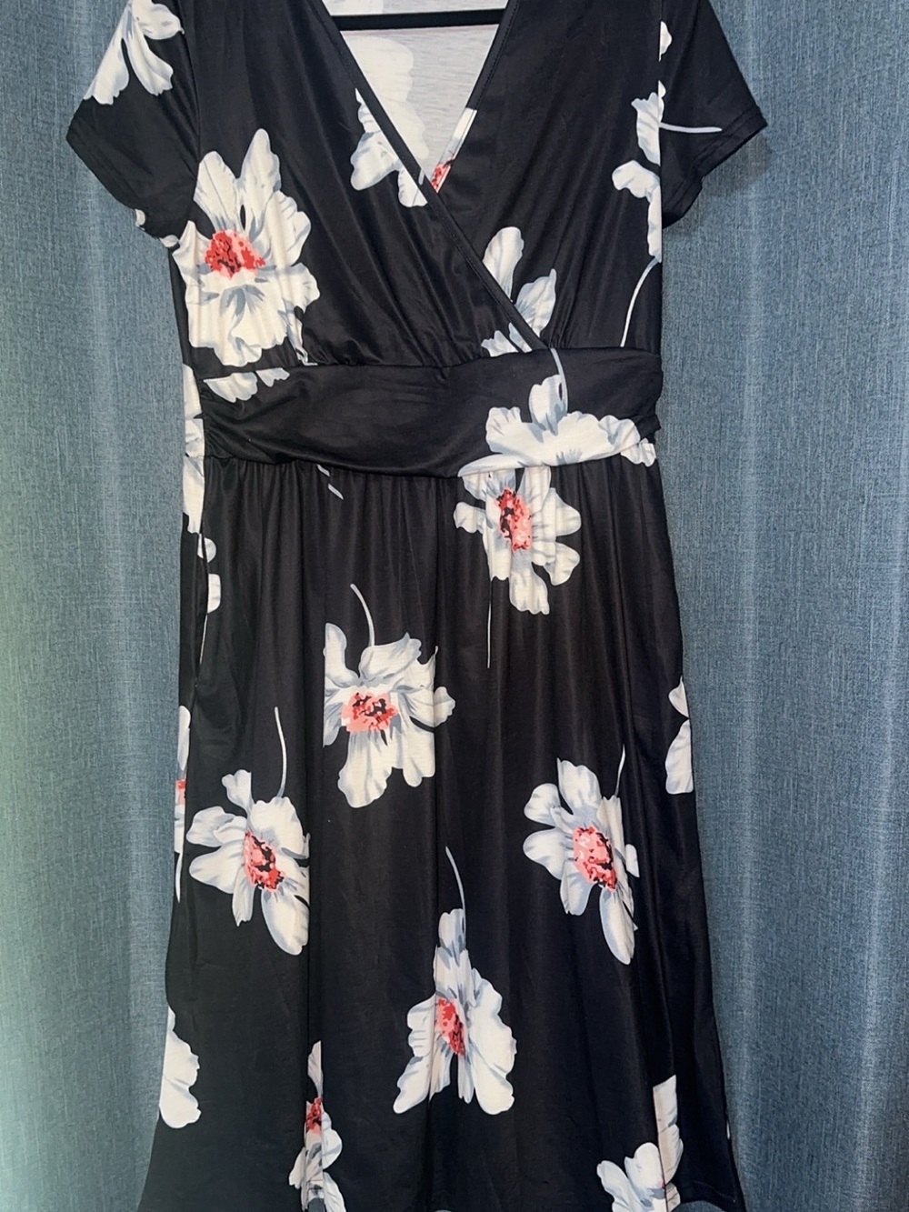 Black Floral Wrap Midi Dress with White and Pink Accents